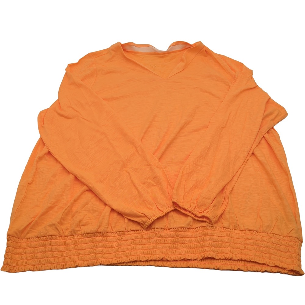 Belle by Kim Gravel Womens Orange V-Neck Smocked Hem Long Sleeve Top Size 2X
